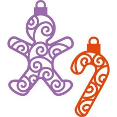 an ornament and a candy cane are shown in two different color variations, one is orange and the other is purple