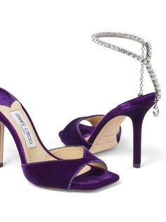 Dark Purple Heels, Jimmy Choo Saeda, Purple High Heels, Purple Sandals, Velvet Sandals, Purple Heels, Crystal Heels, Crystal Shoes, Embellished Sandals