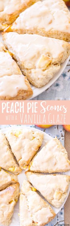 peach pie scones with vanilla glaze on a plate