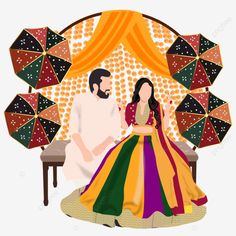 Wedding Dhol Illustration, Mehndi Couple Illustration, Mehendi Couple Illustration, Hindu Bride And Groom Cartoon, Wedding Couple Cartoon Cute, Haldi Couple Illustration, Indian Wedding Couple Outfits, Wedding Couple Outfits