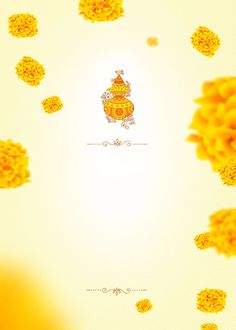 yellow flowers are floating in the air on a white background with an ornate border around them