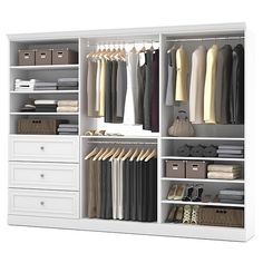 an open closet with drawers and clothes