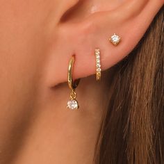 Dainty Everyday Earring Set Stackable Huggie Hoops and CZ Stud Earrings Gift Set in 18K Gold Plated Sterling Silver - Etsy Earring Ear Ideas, Ear With 3 Piercings, 3 Hoops Earrings, 4 Earrings In One Ear, Earring Sets For 2 Piercings, Earring Stack Sets, Triple Earings Piercings, 3 Set Earrings Ideas