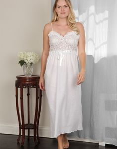 Luxury Italian Linens for Home - Schweitzer Fine Linens White Nightgown With Lace Trim And Spaghetti Straps, White Spaghetti Strap Nightgown With Lace Trim, Lace Chemise With Spaghetti Straps For Loungewear, Daywear Chemise With Lace Trim And Spaghetti Straps, Sleeveless Lace Nightgown With Delicate Detail, Sleeveless Nightgown With Lace Bodice For Wedding Night, Delicate Lace Sleepwear With Spaghetti Straps, Lace Camisole Nightgown With Lace Trim, Sleeveless Lace Trim Wedding Chemise