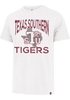 Support your Texas Southern Tigers in this White Short Sleeve Fashion Tee! This Big Ups Franklin State Logo Fashion T Shirt features a screen printed team graphic on front chest. Be ready to shout "Go Tigers" when you wear this Texas Southern Short Sleeve Fashion T Shirt in the stadium or on the street. 47 Branding Logo on Lower Left Waist, Crew neckline, Team graphic on center chest, Fit: True to Size, 80% Cotton/20% Polyester, Crew Neck, Machine washable, Imported White College Logo Print T-shirt, White Collegiate Mascot T-shirt, Texas Southern University Shirts, Team-colored Short Sleeve T-shirt With University Logo, Texas Longhorn Shirt, Go Tigers, Sleeve Fashion, Tiger T Shirt, Fashion T Shirt