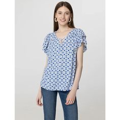 Bring On The Sun With This Tropical Print V-Neck Top. Its Practically Begging For A Vacation. * Relaxed Fit * Length: 29 * Bust 54" * Machine Wash Cold Water With Like Colors. Gentle Cycle. Lay Flat To Dry. Reshape When Wet. Do Not Bleach. Cool Iron If Needed. 100% Rayon Casual Blue Tops For Work, Blue Casual Workwear Top, White Pullover, Tropical Print, V Neck Tops, Lay Flat, Cold Water, The Sun, Bleach