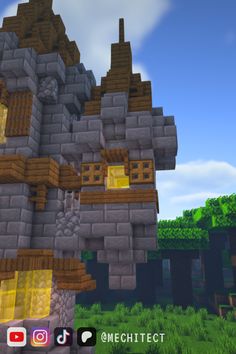 an image of a house made out of wood and rocks in minecraft with the sky behind it