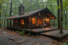 a cabin in the woods with steps leading up to it's front door and porch