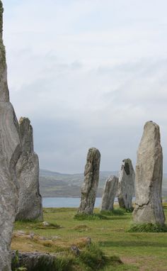 large rocks in grassy area next to body of water