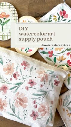 some flowers and leaves are on the table next to each other with a sign that says diy watercolor art supply pouch