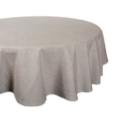 a round table covered with a light gray linens cloth, isolated against a white background