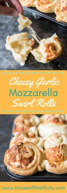 cheese garlic mozzarella swirl rolls on a baking sheet with a hand holding a fork