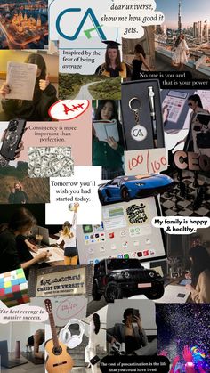 the collage shows many different pictures and words on it, including an image of a woman