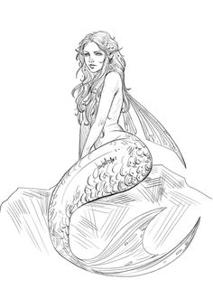 a drawing of a mermaid sitting on top of a rock