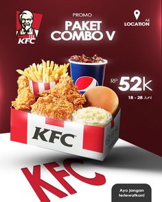 an advertisement for kfc's fried chicken, french fries and coleslaw