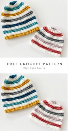 two crocheted hats with different colors on them