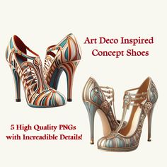 Elevate your fashion projects with this set of stunning Art Deco inspired shoes. This instant download clipart is perfect for fashion lovers and designers. Featuring intricate details and art deco inspired designs, it's ideal for digital fashion art, printable clipart, and shoe illustration.  Art deco is known for its bold geometric patterns, rich colors, luxurious materials, its timeless appeal still influences fashion and art today. Use the clipart for trendy shoe graphics, high fashion projec Shoe Illustration, Art Deco Shoes, Shoes Clipart, Vintage High Heels, Shoes Art, Clipart Vintage, Shoes Illustration, Digital Fashion, Shoes Retro