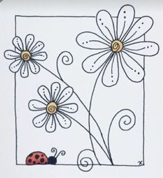 a ladybug sitting on top of a flower next to a white square with swirls