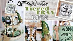 3 Tier Tray Decor Ideas, Winter Tiered Tray Ideas, Dollar Tree Farmhouse Decor Diy, Tier Tray Decor Ideas, Dollar Tree Farmhouse Decor, Diy Tray Decor, 3 Tier Tray, Tray Decor Ideas, Winter Tiered Tray Decor