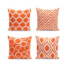 four orange and white pillows with geometric designs on the front, side, and back