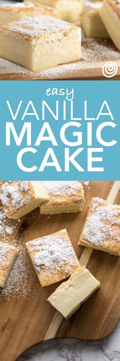 vanilla magic cake on a cutting board with powdered sugar