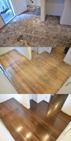 an empty kitchen with wood flooring and white cabinets in the process of remodeling