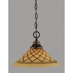 a light fixture with a chain hanging from it's center and an intricate design on the bottom