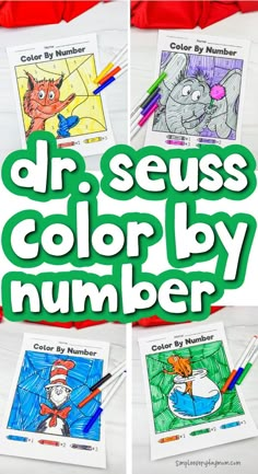 the dr seuss color by number book is shown in four different pictures and has green lettering