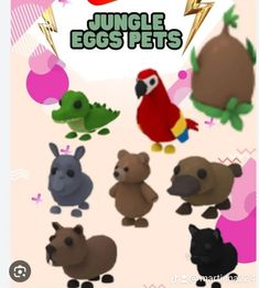 an image of some animals that are in front of a sign with the words jungle eggs pets on it