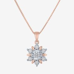 This exquisite Diamond Blossom pendant necklace pairs 14K rose gold over sterling silver with 13 Lab-Grown diamonds. Its spring ring clasp ensures the piece stays secure. A delicate, versatile piece perfect for layering or wearing solo.Features: Quick ShipDiamond Clarity: Si2-I1Jewelry Closure: Spring Ring ClaspSetting: Multi-SettingStone Cut: RoundDiamond Color: G-HChain Length: 18 InchPendant Length: 12.4mmPendant Width: 10.8mmRounded Carat Weight: 1/10 Ct. T.w.Chain Construction: BoxCare: Wip Halo Necklace, Necklaces Pendant, Pendant Diamond, Fashion Pendant, Diamond Necklaces, Buying Diamonds, Gold Jewelry Fashion, Round Pendant, Silver Pendant Necklace