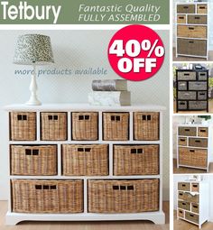 an advertisement for a furniture store with baskets on the front and side drawers in different styles