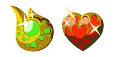 two heart shaped objects with different colors and shapes on them, one is green and the other is red