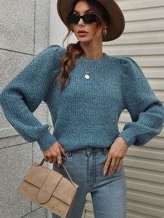 Blue Cowboy Chic, Lantern Sleeve Sweater, Cozy Tops, Saint John, Fuzzy Sweater, Bishop Sleeve, Sweater Knitting Patterns, Ribbed Knit Sweater, Long Puff Sleeves