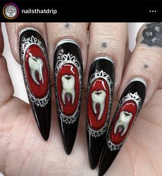 Tooth Nails, Spooky Manicure, Teeth Nails, Nails Witchy, Nails Spooky, Nails Goth, Vampire Nails, Spooky Nails