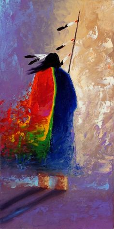 an abstract painting of a native american woman holding a flag and looking at the sky