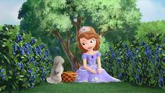 a princess sitting in the grass next to a bunny and a tree with blue flowers