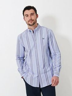 Crew Clothing Long Sleeve Striped Oxford Shirt - Light Blue A summer-ready Oxford shirt in blue, navy and white stripes. The soft cotton shirt is finished with a stylish button-down collar and our crossed oars subtly stitched on the chest. Simply pair with jeans or chinos. A smart casual essential. Material Content: Main: 100% Cotton Washing Instructions: Machine Washable Crew Clothing, Casual Trousers, Summer Ready, Oxford Shirt, Fashion Furniture, Button Down Collar, Basic Style, Baggy Fits, Department Store