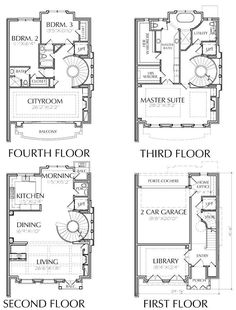 three story house plans with second floor and third floor in the same room, each showing different