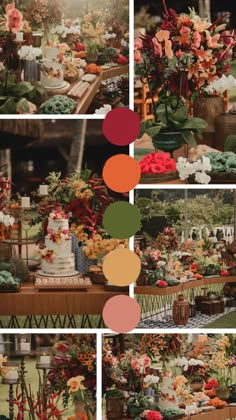 a collage of photos with flowers and cakes on the table in front of them