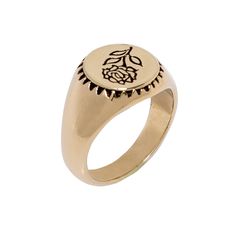 Vintage style gold brass ring with an engraved rose flower. This women's or men's brass ring has a beautiful rose signet style. The rose has ancient symbolic meaning including love, beauty and timelessness. Available in Sterling Silver https://etsy.me/2U30C8o Ring Size Available in all sizes. Please be sure to find your exact ring size for the finger you want before ordering. See image chart above or you can use the chart on my website as a guide - https://jewelrylab.co/pages/ring-sizing-tips A Gold Flower Ring With Rose Design, Gold Rose Design Flower Ring, Vintage Gold Jewelry For Proposal, Cowgirl Ring, Engraved Flower, Floral Ring, Rose Ring, Mens Silver Rings, Vintage Rose