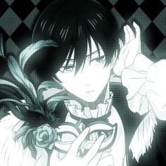 an anime character with long black hair and white eyes holding his hand up to his face