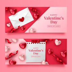 two valentine's day banners with hearts and envelope