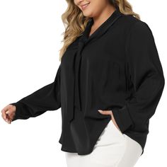 This shirt top in long sleeves, tie v-neck, button cuff, and round hem design brings vintage chic to any look in beauty. Solid color chic enlivens this breezy top that influences your daily time. Relax into the casual ease of these elegant ladies' blouses that are charming with a bow tie v-neck to complement every simple and stylish outlook. It is very suitable for daily wear. It is also suitable for work, casual, coffee time and vacation, etc. Chic Long Sleeve Solid Color Shirt, Workwear V-neck Blouse With Tie Sleeves, Chic Long Sleeve Solid Shirt, Chic Solid Long Sleeve Shirt, Chic Solid Color V-neck Shirt, Formal Long Sleeve Solid Color Blouse, Formal Long-sleeve Solid Color Blouse, Elegant Black V-neck Long Sleeve Top, Chic Solid V-neck Long Sleeve Top