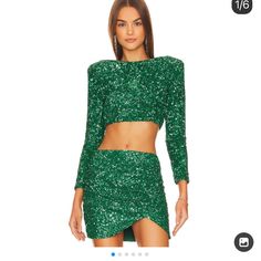 Retrofete Two Piece Set In Green Sequin. New. Sequin Bra, Sheer Long Sleeve Top, Green Long Sleeve Top, Party Frocks, Sequin Crop Top, Long Sleeve Sequin, Crop Top Bra, Pink Crop Top, Green Sequins