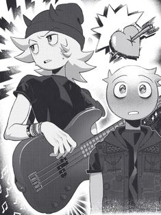 two cartoon characters are playing guitar together