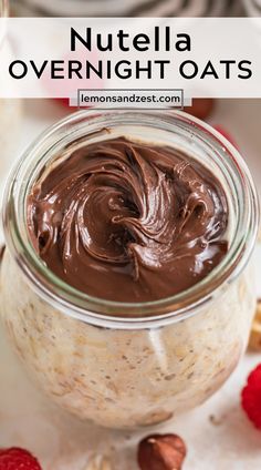 nutella overnight oats in a jar with chocolate frosting