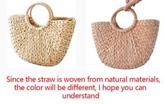 two straw bags with handles, one is pink and the other is beige