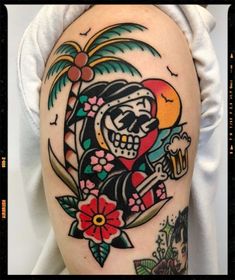 new school tattoo American Traditional Grim Reaper Tattoo, American Traditional Grim Reaper, Traditional Nautical Tattoo, Traditional Tattoo Black And White, Cover Up Tattoos For Men, Tattoo Apprenticeship, Rose Tattoos For Men