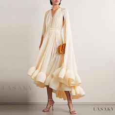 Lasaky - Luxurious Australian Cape-Style Maxi Dress with Ruffled Collar, Perfect for Evening Wear Midi Gowns, Ethereal Dress, فستان سهرة, Extra Long Sleeves, Cape Dress, Evening Gowns Formal, Style Maxi Dress, Crepe Dress, Solid Dress