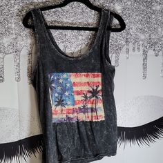 Womens Distressed California Dream Tank Top. Brand New Never Worn Black Summer Top With American Flag Print, Black Tops With American Flag Print For Summer, Black Distressed Tank Top For Summer, White Sleeveless Shirt, Cotton Camisole, Womens Tank Top, Maternity Tank Tops, Long Tank Tops, Long Tank